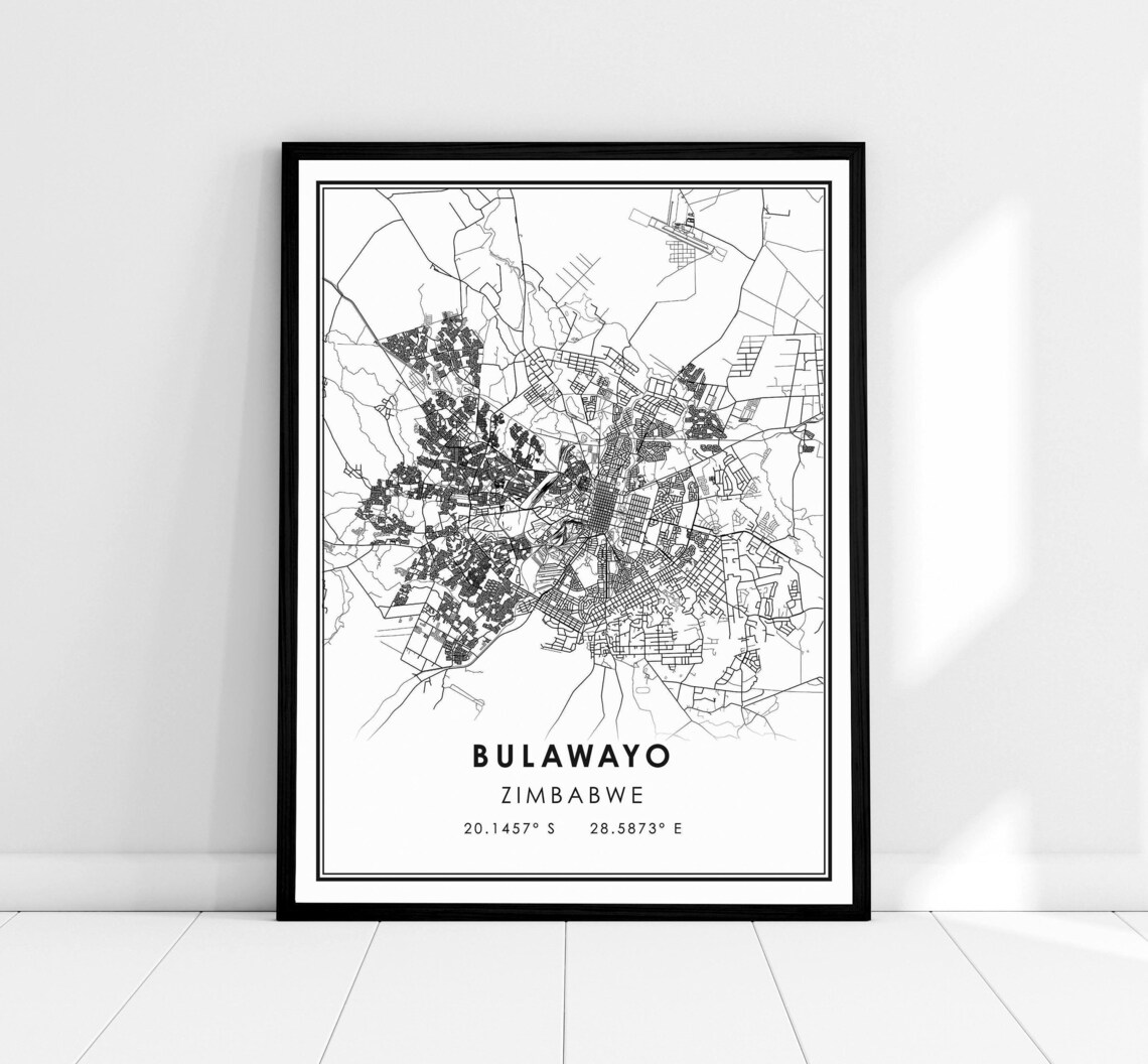 Bulawayo Map Print Poster, Modern Zimbabwe City