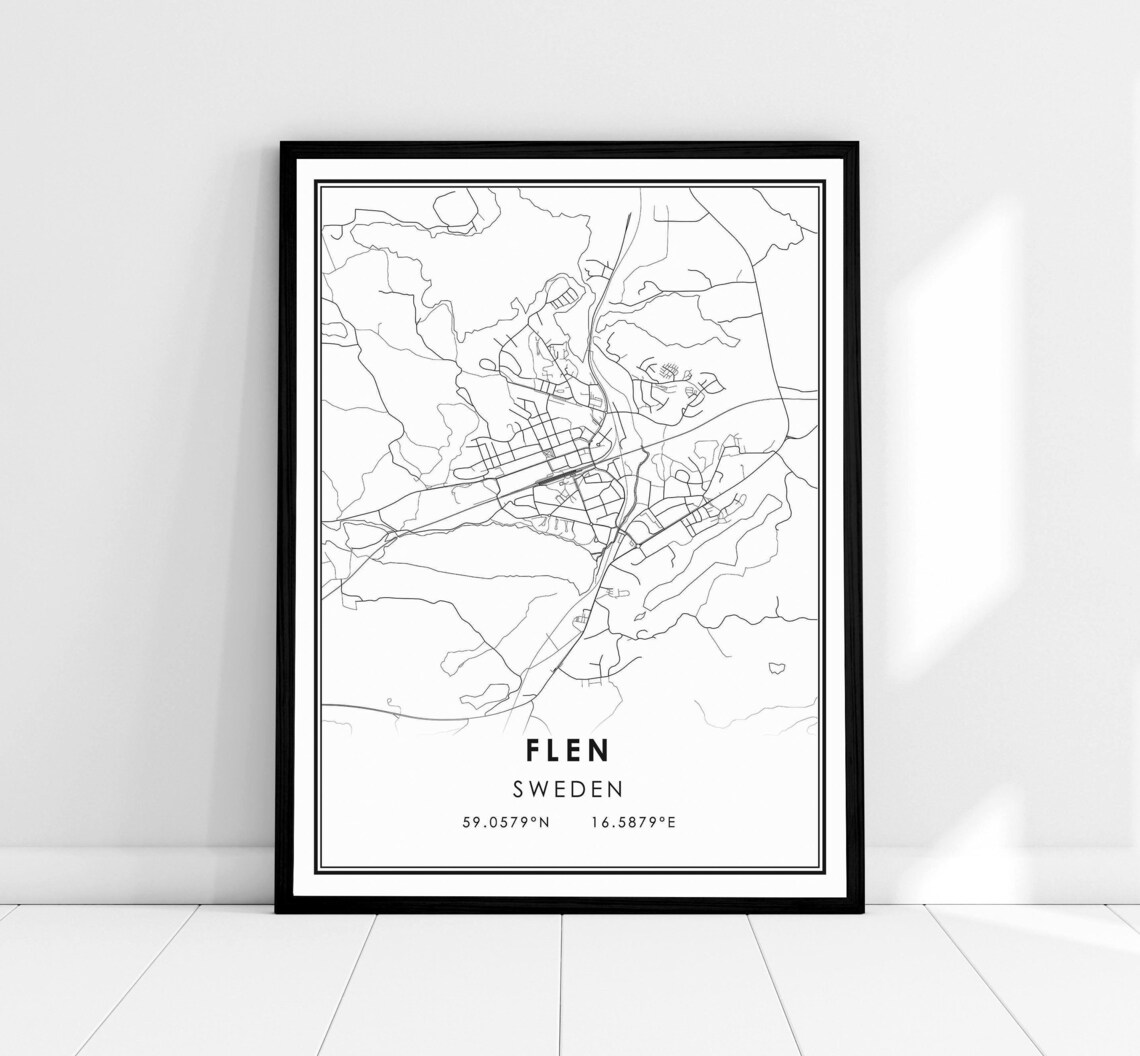 Flen Sweden Minimalist Black And White Street Map City Poster