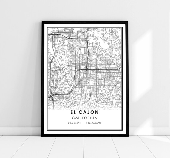 El Cajon California City Map Minimalist Black White Street Poster