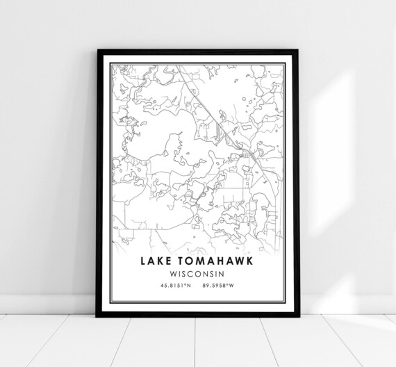 Lake Tomahawk Wisconsin City Map Northwoods Lake Outline Poster