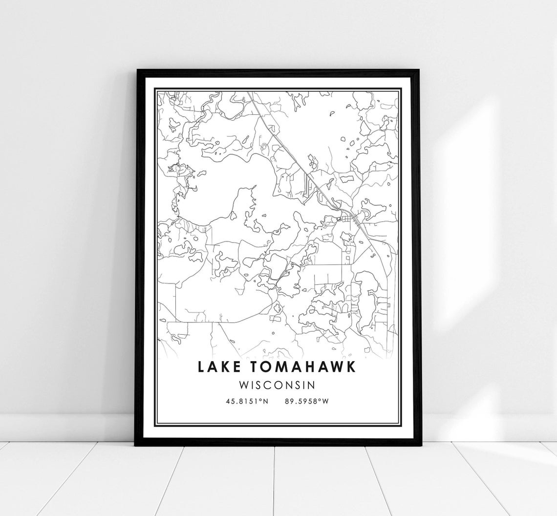 Lake Tomahawk Wisconsin City Map Northwoods Lake Outline Poster