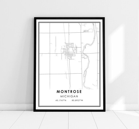 Montrose Michigan Minimalist City Street Map Black And White Art Print