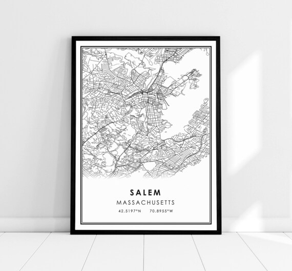 Salem Massachusetts City Map Wall Art with Street Detail and Coordinates