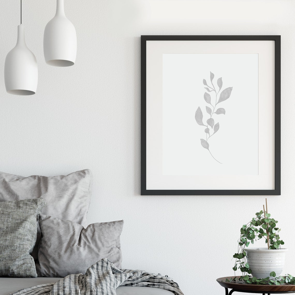 Black Botanical Leafy Branch Silhouette Minimalist Boho Framed Print - Image 2