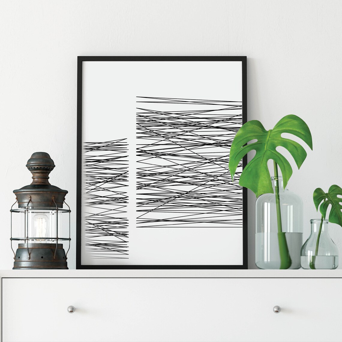 Black And White Crossed Line Stripes Minimalist Abstract Art Poster