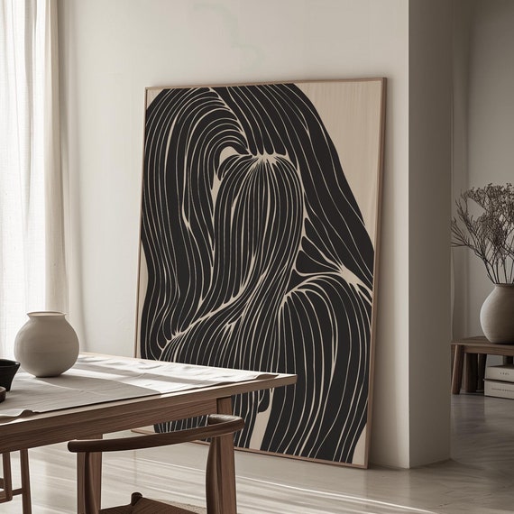 Large Abstract Lines Art Poster Black And Beige Decor For Modern Living Rooms Moody Mid Century Dark Aesthetic Art 1405
