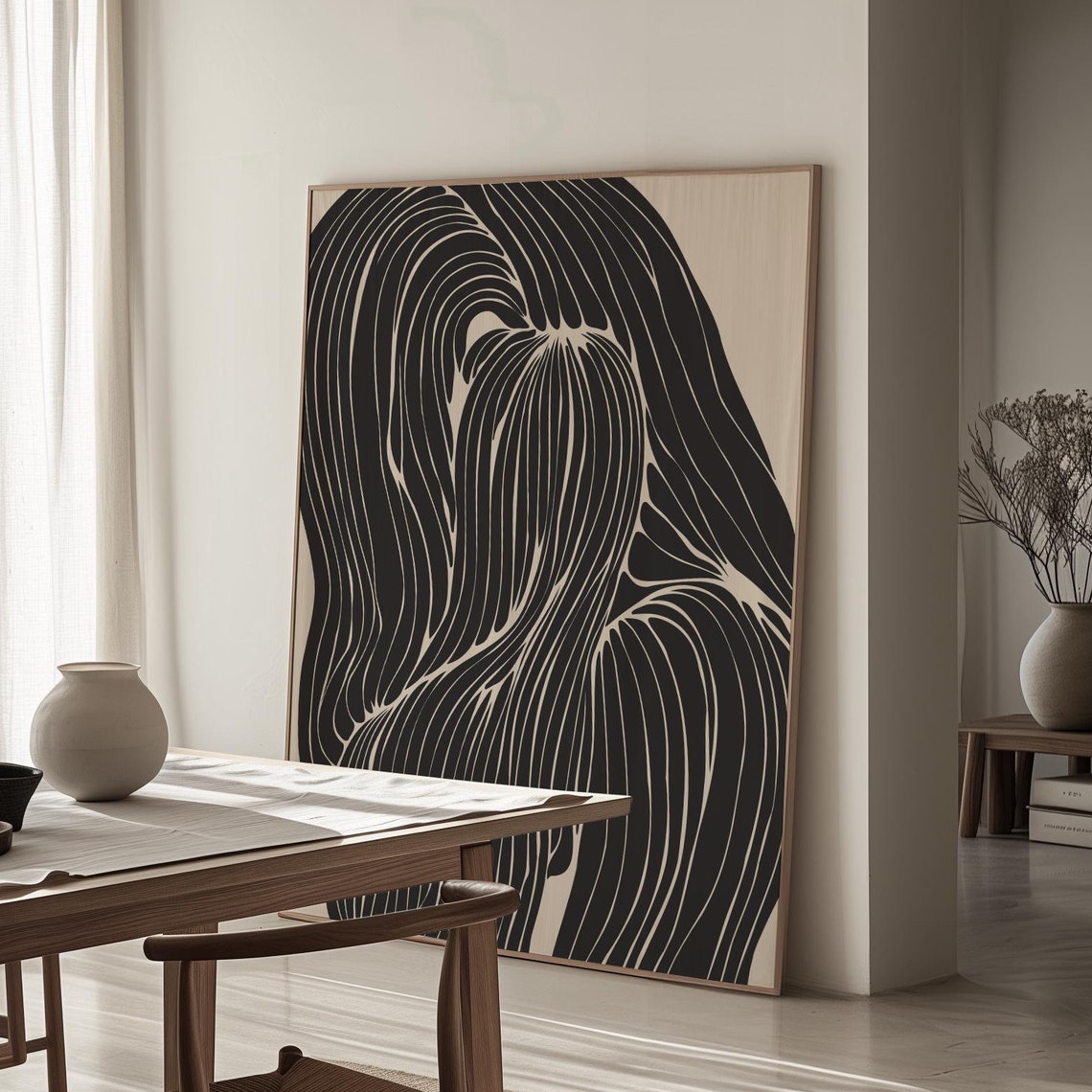 Large Abstract Black Flowing Ribbon Lines Beige Moody Wall Art