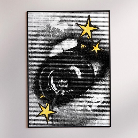 Glossy Cherry Lips Halftone Pop Art Yellow Stars Funky Retro Print