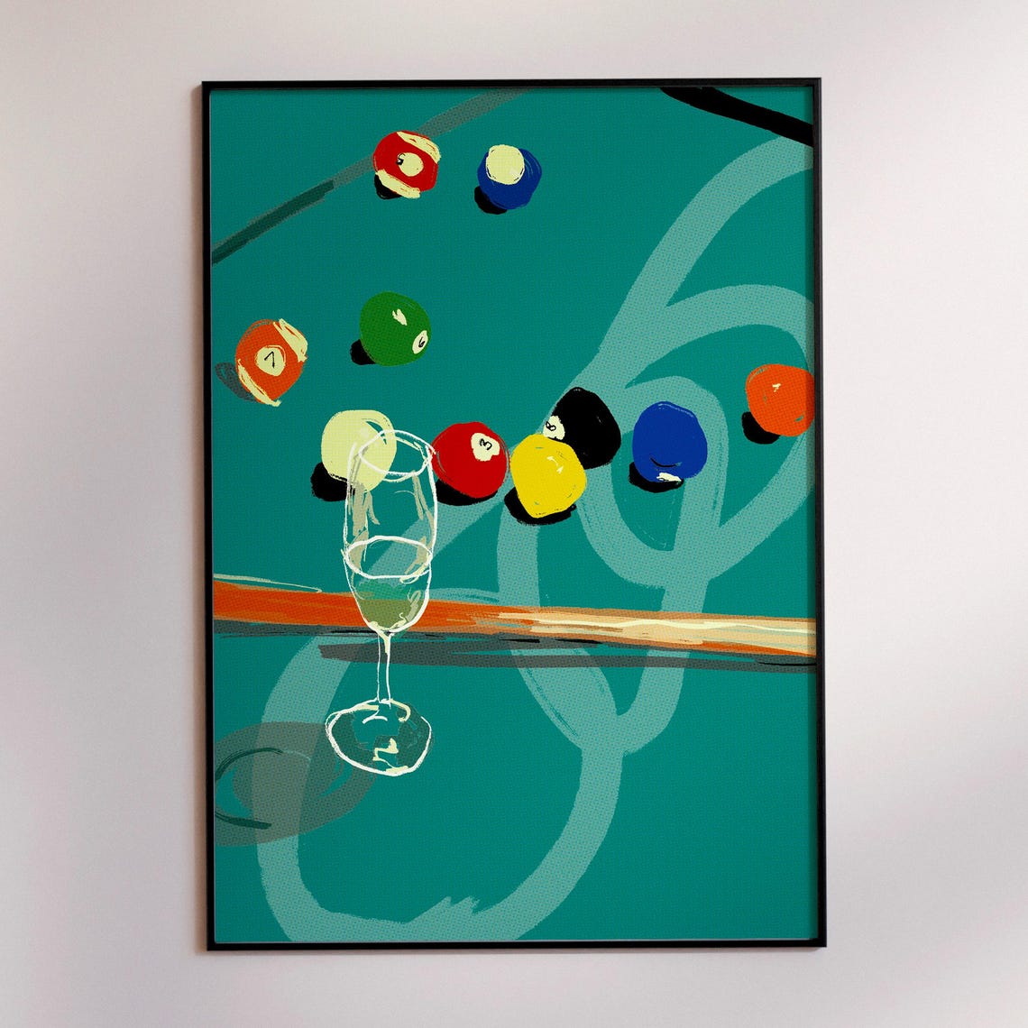 Eight Ball Billiards Pop Art Pool Table With Wine Glass Scene Poster