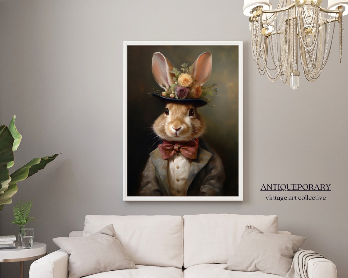 Gentleman Rabbit Floral Top Hat Bow Tie Vintage Animal Portrait Poster - Image 5