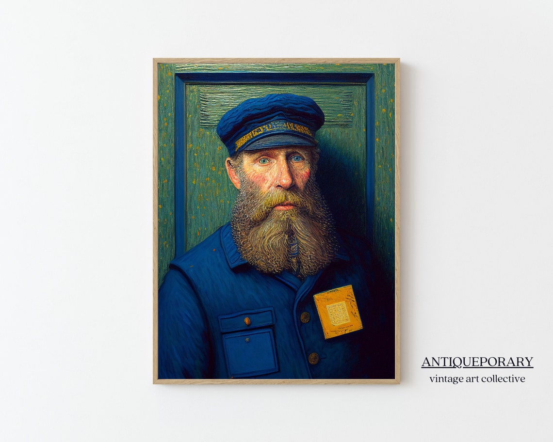 Vintage Postman Portrait Bearded Mailman Blue Uniform Painting Poster