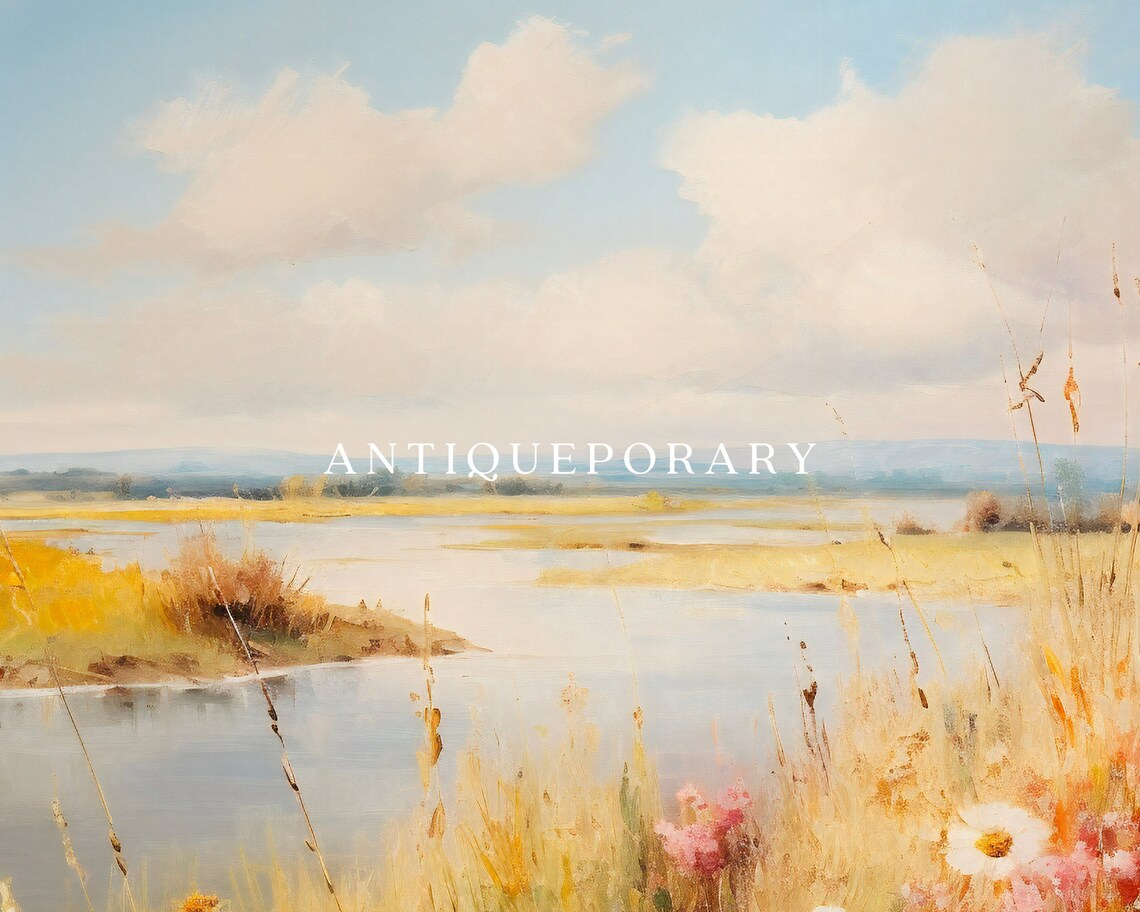 Sunlit Golden Wildflower Bank with Daisies by Calm Lake Poster - Image 3