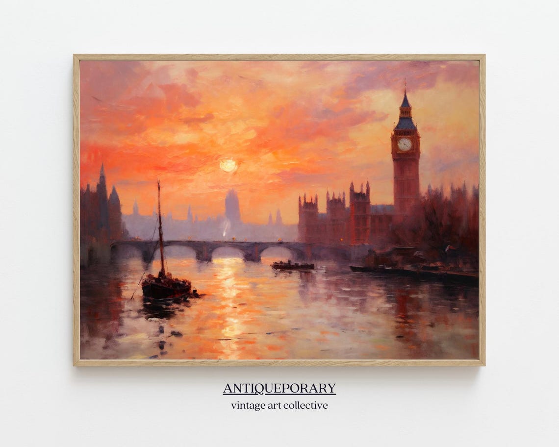 London Big Ben Sunset Thames River Impressionist Cityscape Poster