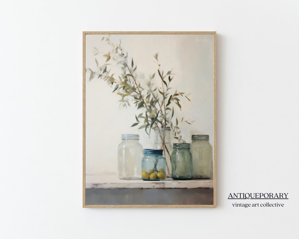 Glass Jars with Eucalyptus and Lemons Rustic Still Life Art Poster