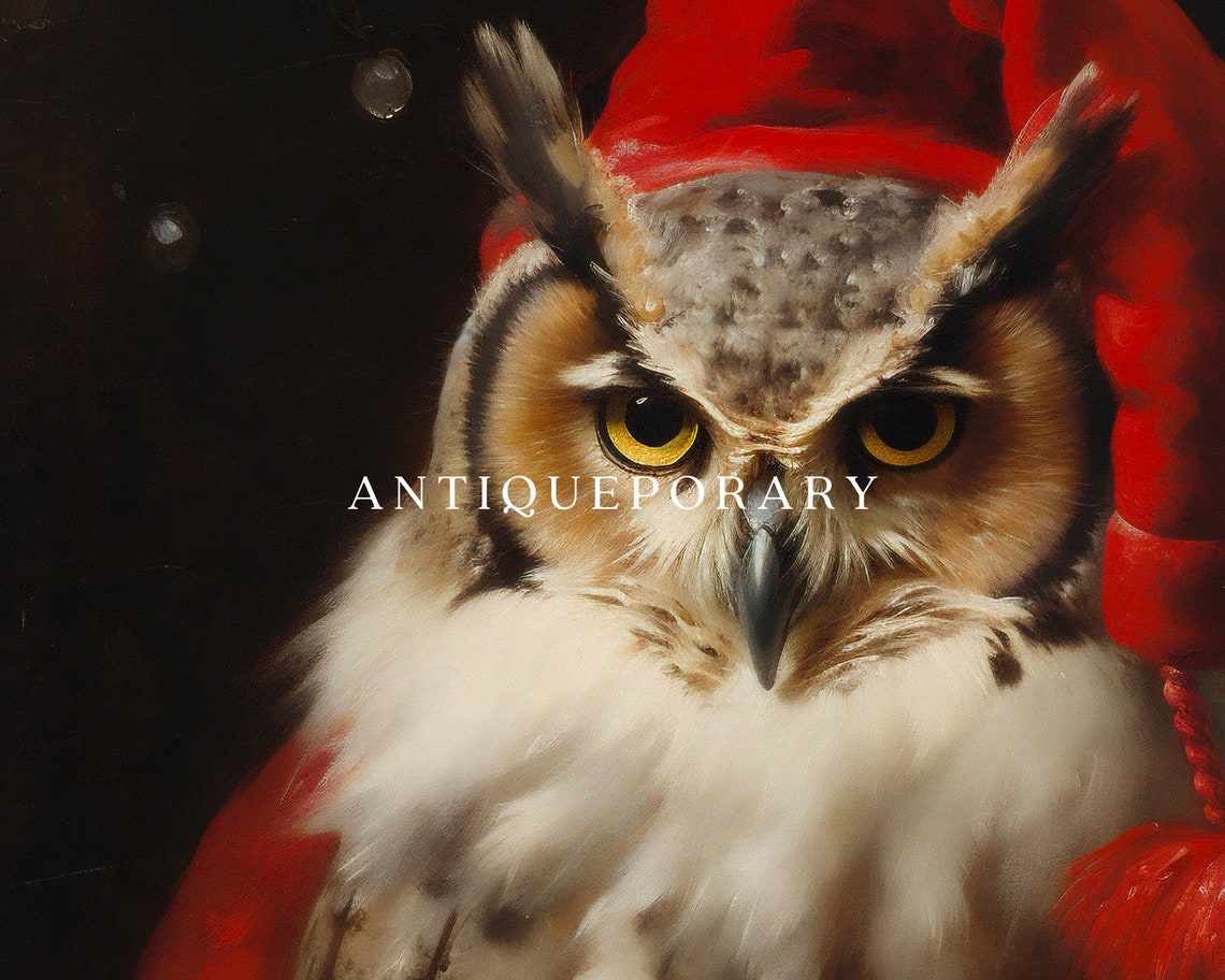 Christmas Santa Owl Vintage Portrait Dressed Animal Print Festive Wall Art Christmas Animal Wall Art Vintage Xmas Art Print - Image 3