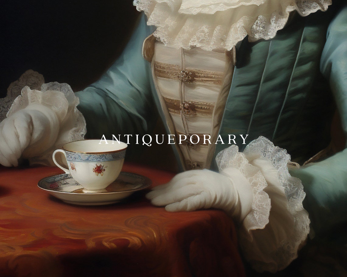 Royal Lady Cat Blue Dress Tea Cup Victorian Portrait Vintage Poster - Image 2