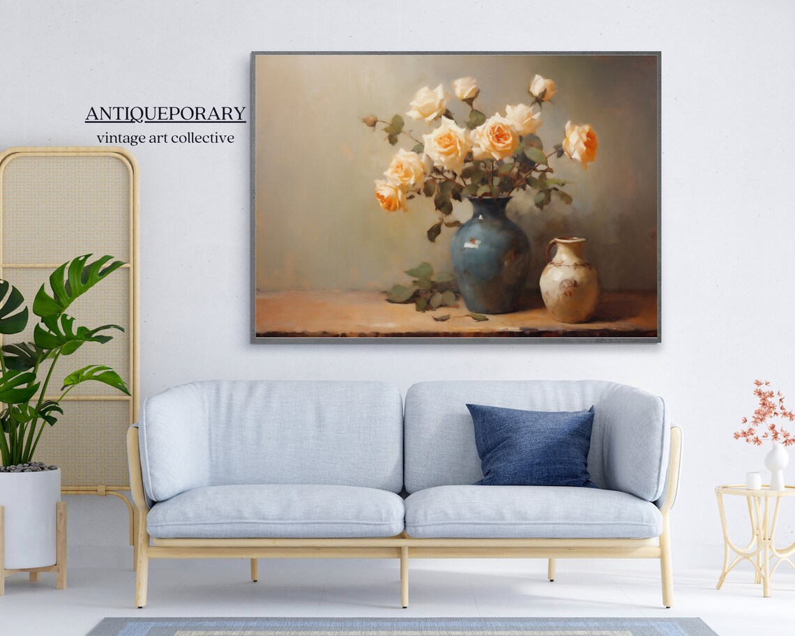 Flower Vase Still Life Oil Painting Vintage Kitchen Still Life Print Neutral Flowers Print Farmhouse Wall Decor Antique Still Life Print - Image 5