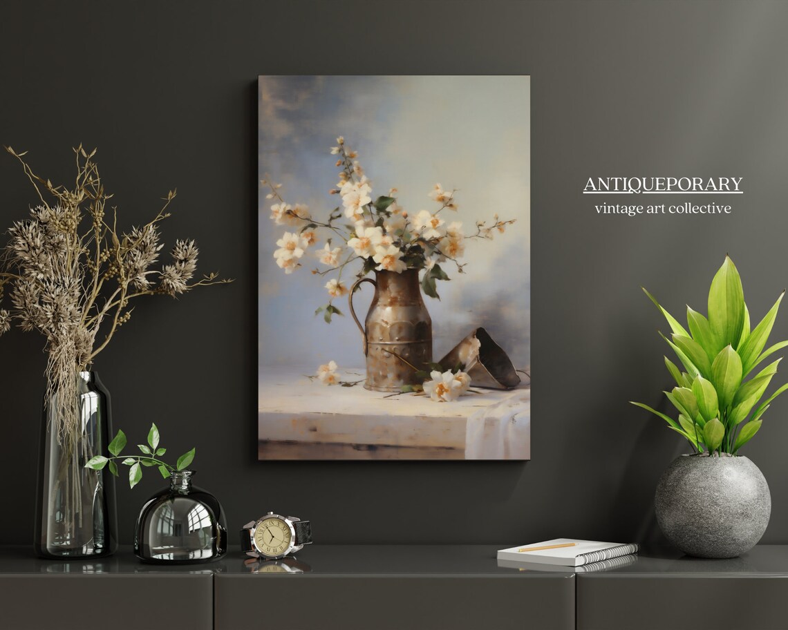 White Blossom Branches in Antique Copper Jug Vintage Still Life Poster - Image 5