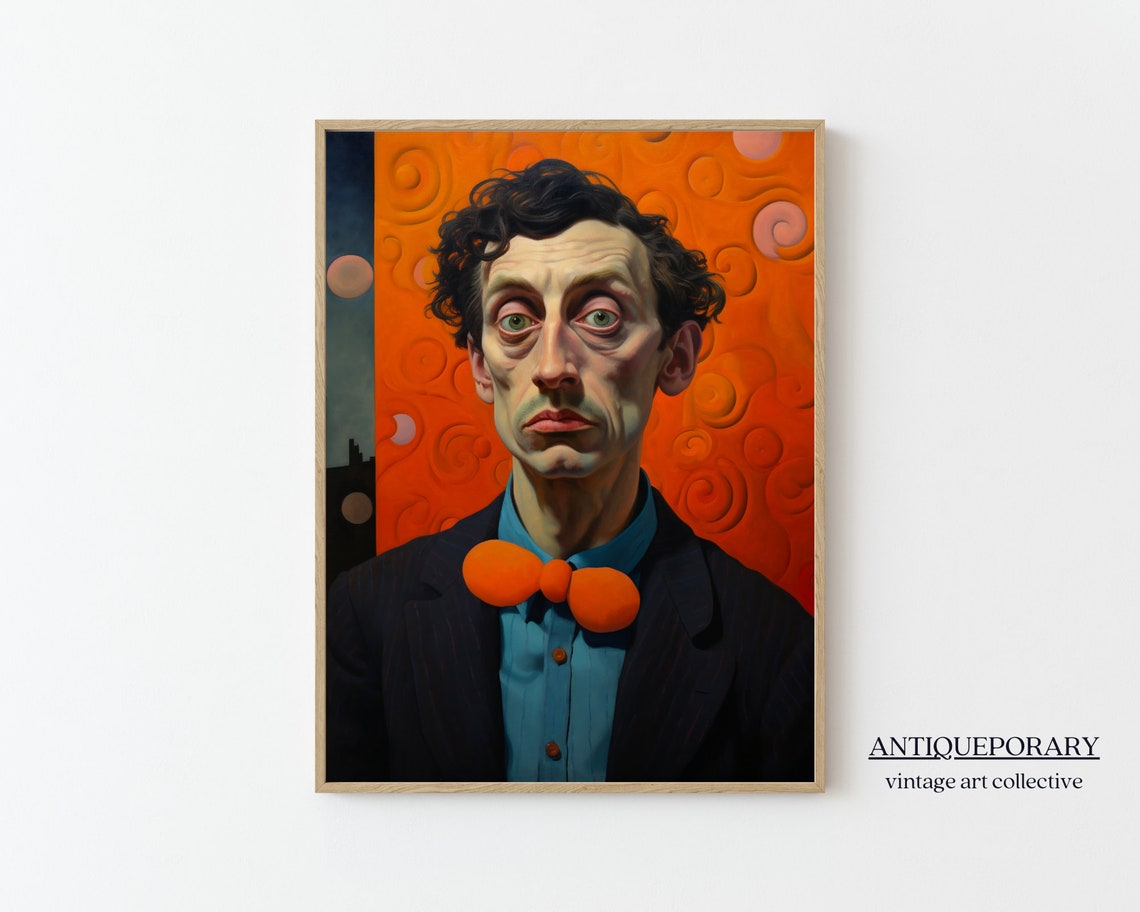 Expressionist Man with Orange Bow Tie on Swirled Orange Ground Poster