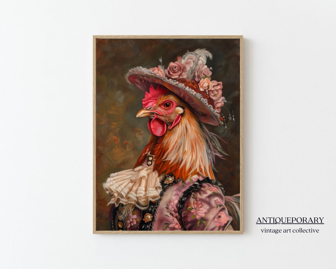 Royal Lady Rooster Floral Hat Charming Vintage Chicken Portrait Poster