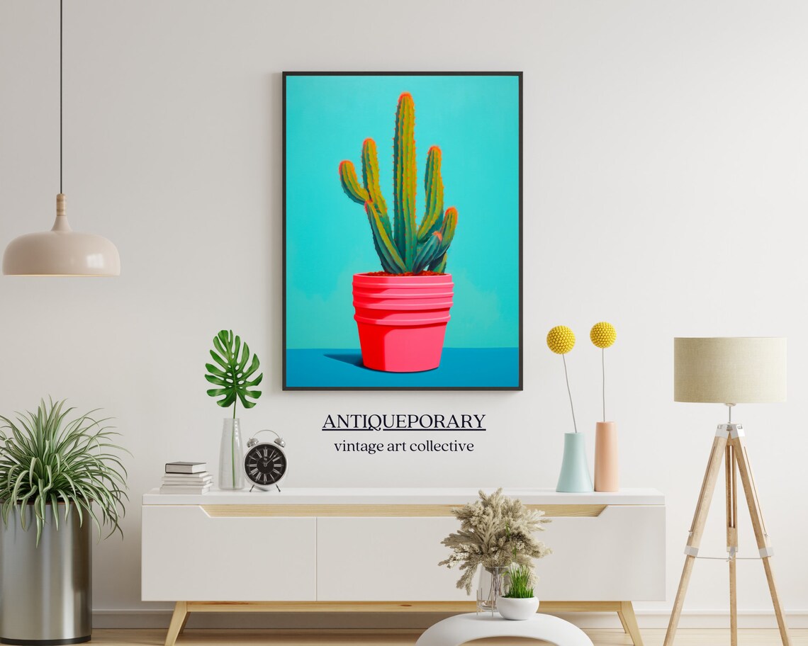 Pink Pot Cactus Turquoise Background Modern Pop Art Style Poster - Image 7
