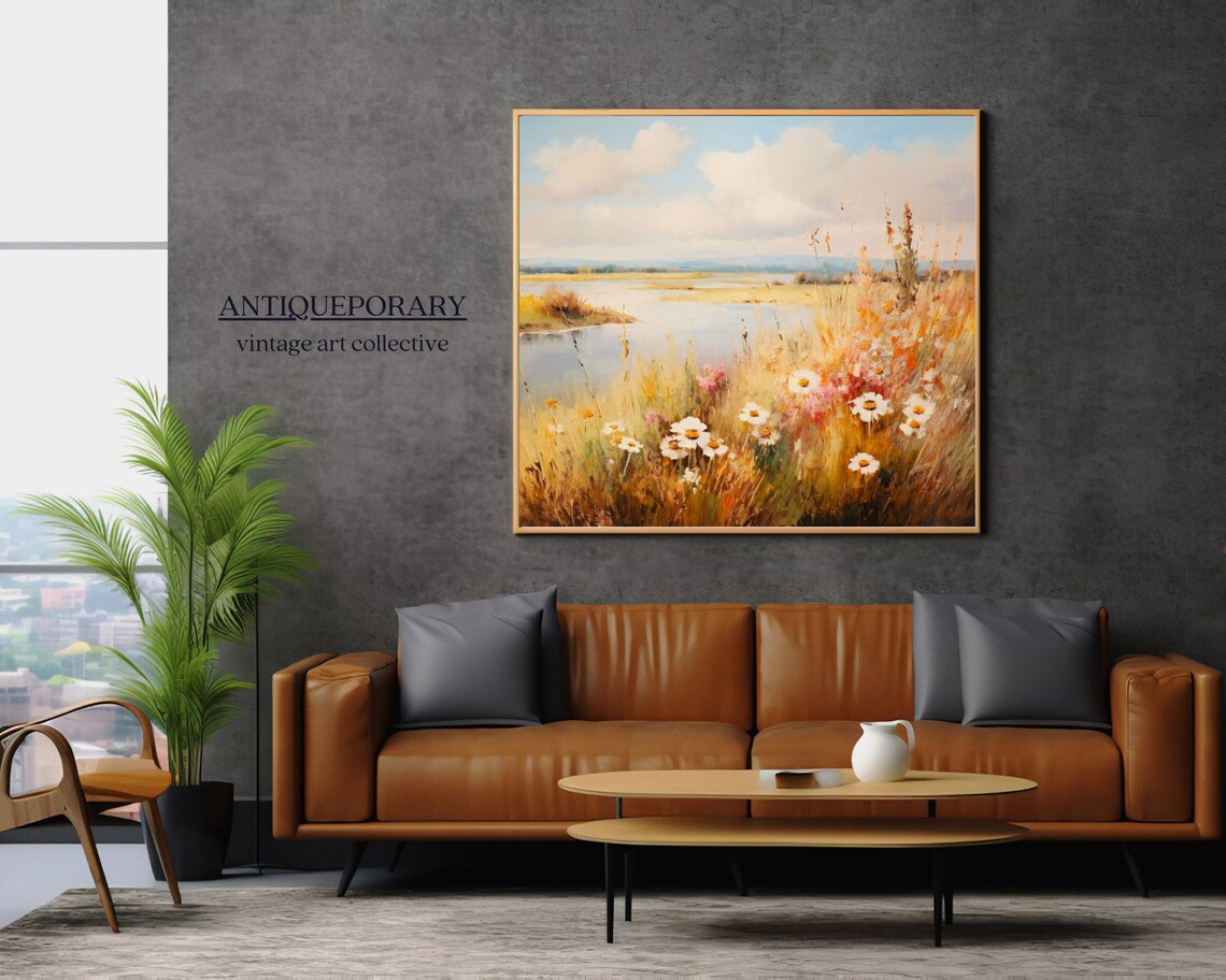 Sunlit Golden Wildflower Bank with Daisies by Calm Lake Poster - Image 6