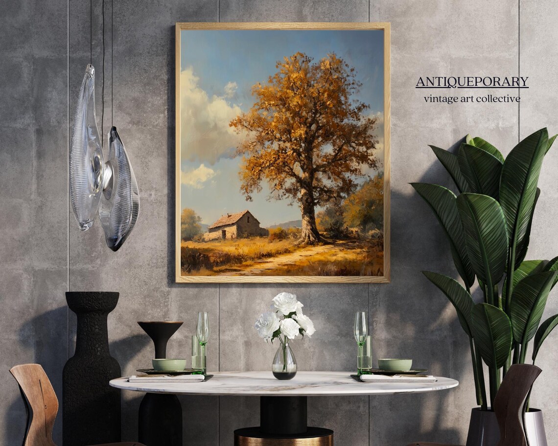 Golden Autumn Tree by Stone Cottage Vintage Pastoral Landscape Poster - Image 6