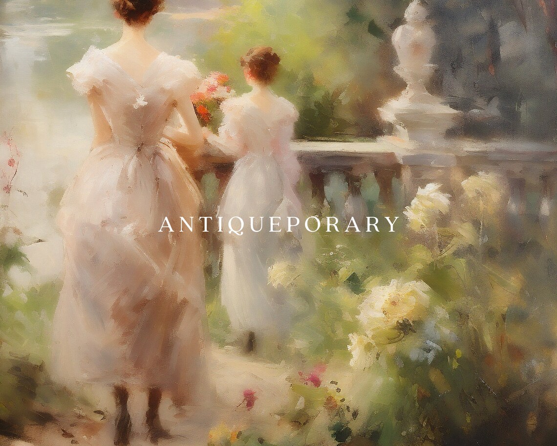 Mother Child Garden Lake View Vintage European Painting Poster - Image 2