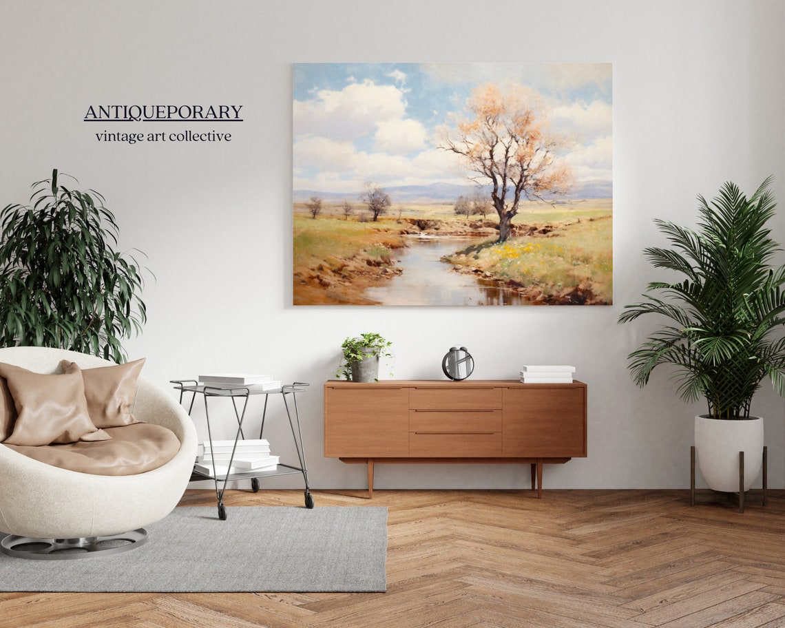 Spring River Meadow Landscape with Golden Tree Pastoral Oil Poster - Image 5