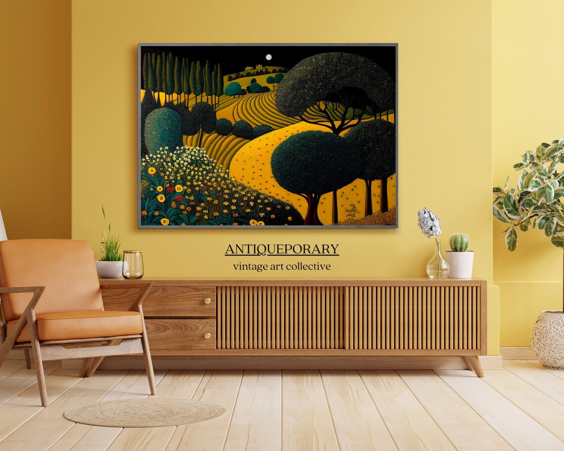 Moonlit Golden Hills with Cypress Trees Pointillist Landscape Poster - Image 7