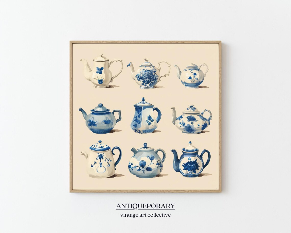 Blue and White Delft Teapot Collection Vintage Kitchen Art Poster