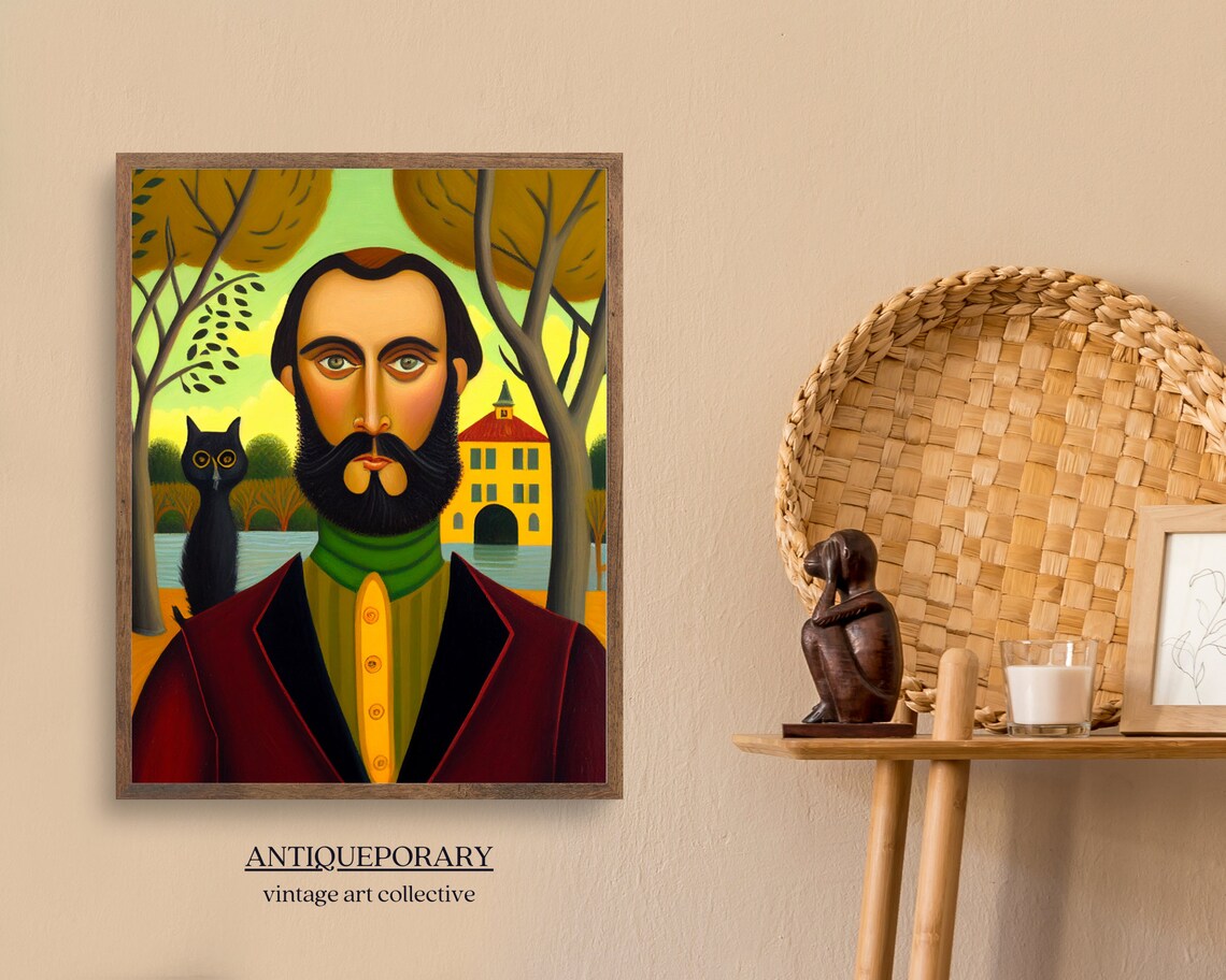 Bearded Man Black Cat Folk Art Portrait Naive Style Painting Poster - Image 5