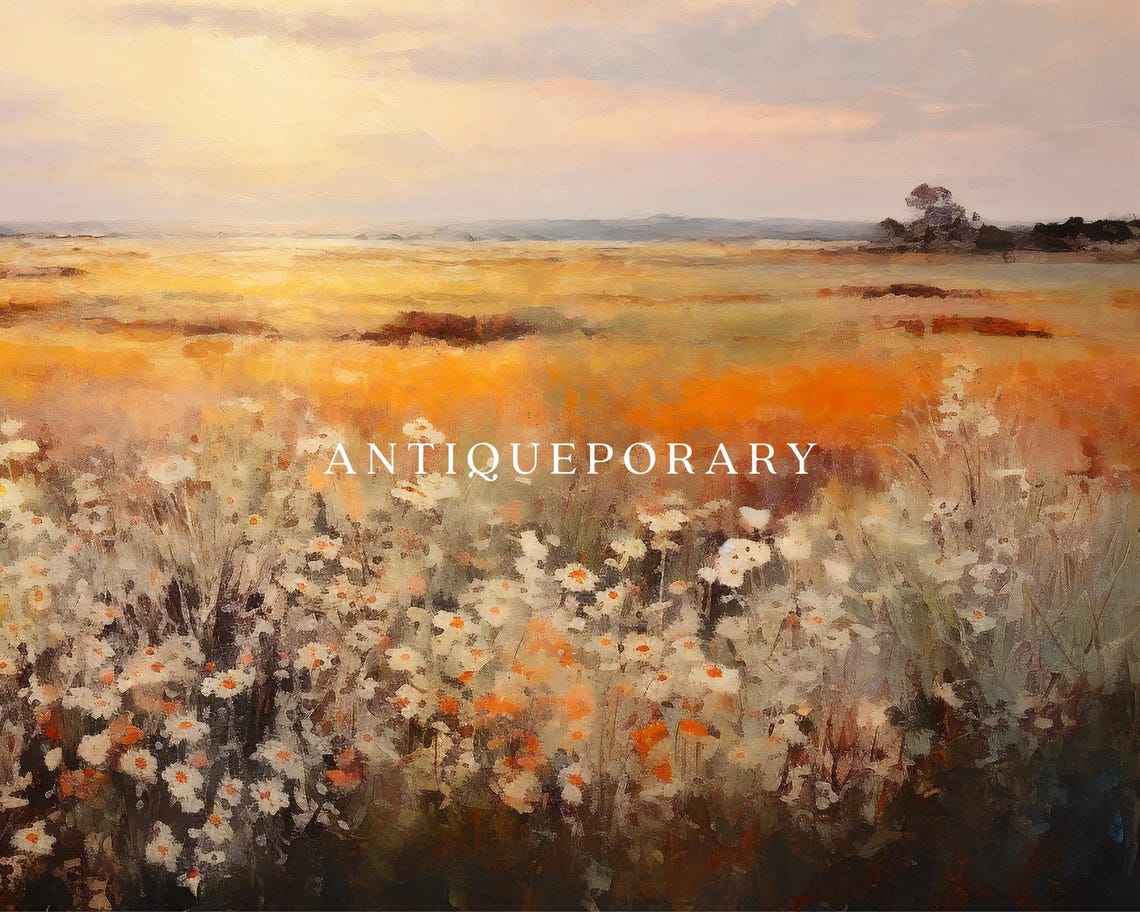 Golden Wildflower Field at Sunset Soft Impressionist Landscape Print - Image 2