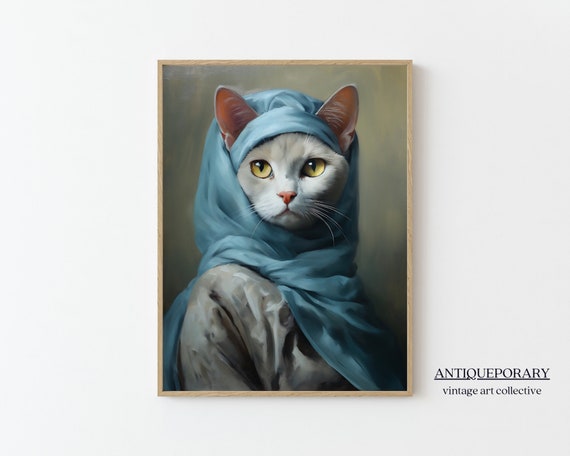Victorian Animal Portrait Lady Cat Vintage Print Renaissance Animal Dark Moody Poster Dressed Pet Altered Art Print Pet Portrait Gift