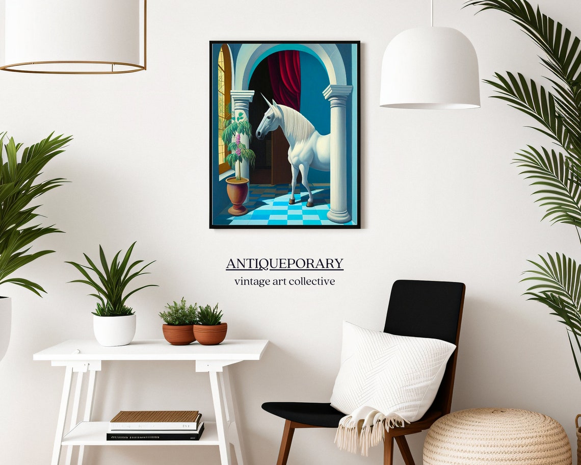 Whimsical White Unicorn in Classical Arched Blue Hallway Poster - Image 4