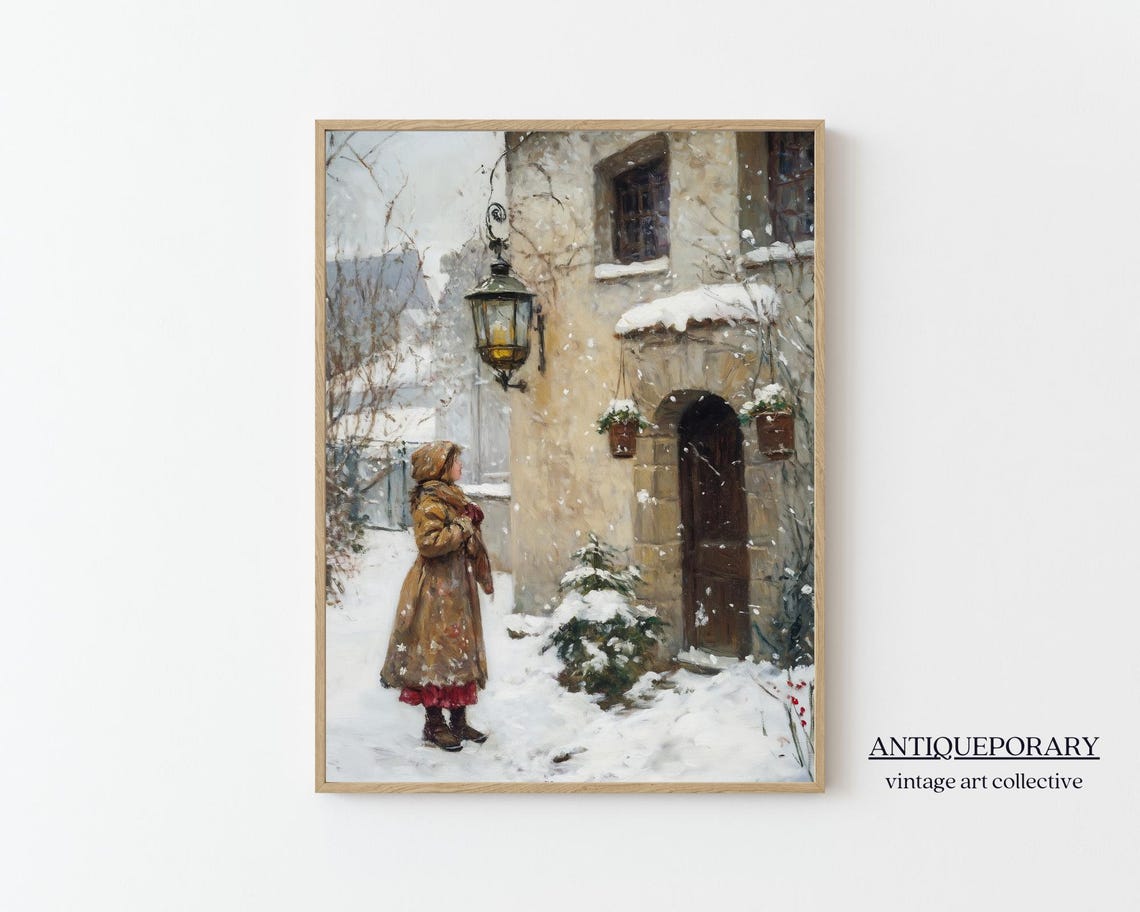 Snowy Village Winter Scene Woman Vintage European Painting Poster