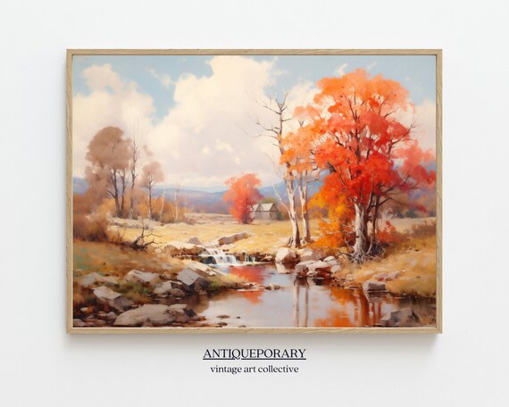 Rustic Fall Landscape Print Vintage Autumn Painting Moody Countryside Painting Fall Warm Tone Print Autumn Earth Tone Wall Decor