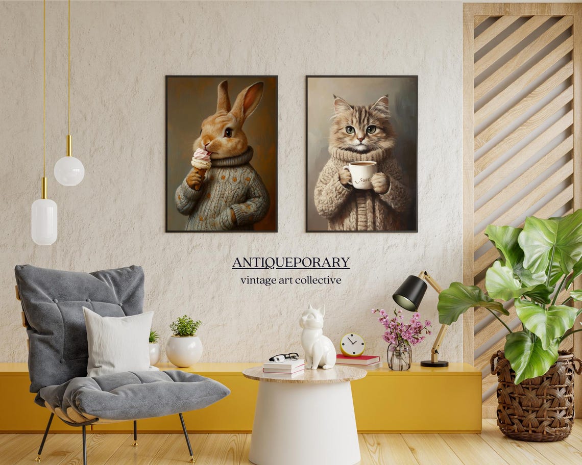 Cute Rabbit Eating Ice Cream Knit Sweater Whimsical Animal Art Poster - Image 2