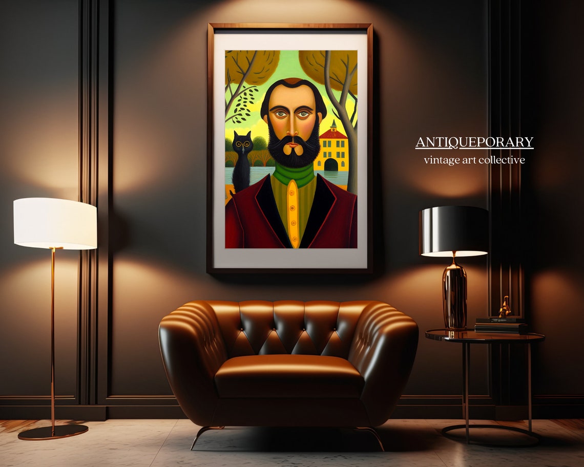 Bearded Man Black Cat Folk Art Portrait Naive Style Painting Poster - Image 7
