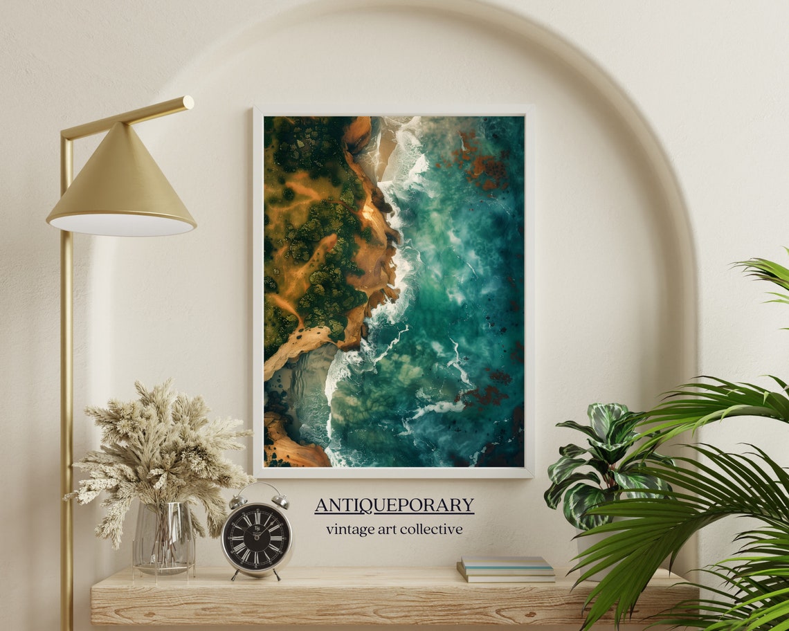 Turquoise Ocean Waves Rocky Coast Aerial Seascape Fine Art Poster - Image 4