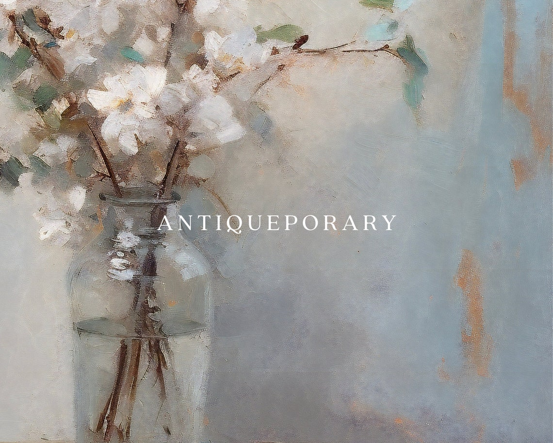 White Blossom Branches in Glass Jar Soft Neutral Still Life Print - Image 2