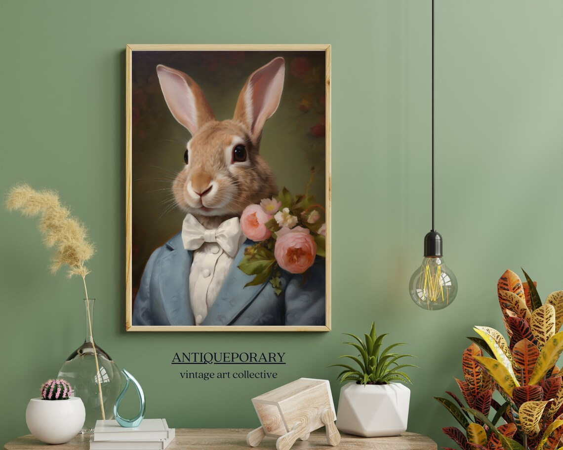 Rabbit Blue Coat White Bow Tie Roses Vintage Victorian Portrait Poster - Image 3