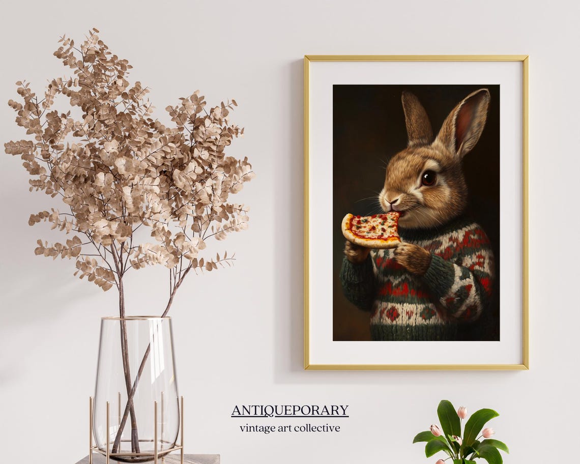 Bunny in a Christmas Sweater Happily Eating Pizza Funny Animal Poster - Image 7