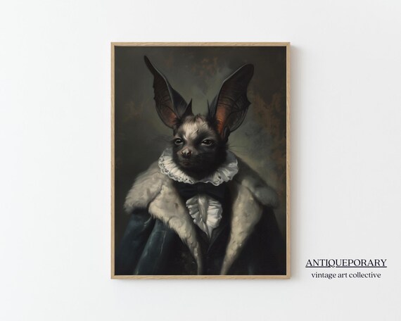 Gothic Bat in Lace Ruff and Fur Coat Halloween Portrait Poster