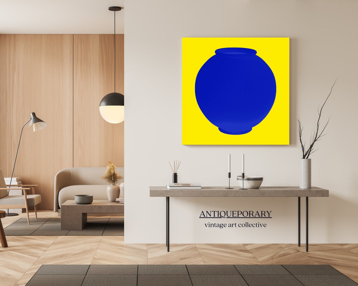 Bold Cobalt Blue Vase Silhouette on Bright Yellow Pop Art Poster - Image 7