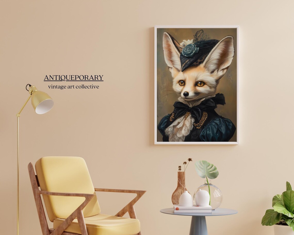 Fennec Fox Lady in Navy Victorian Gown Vintage Animal Portrait Poster - Image 5