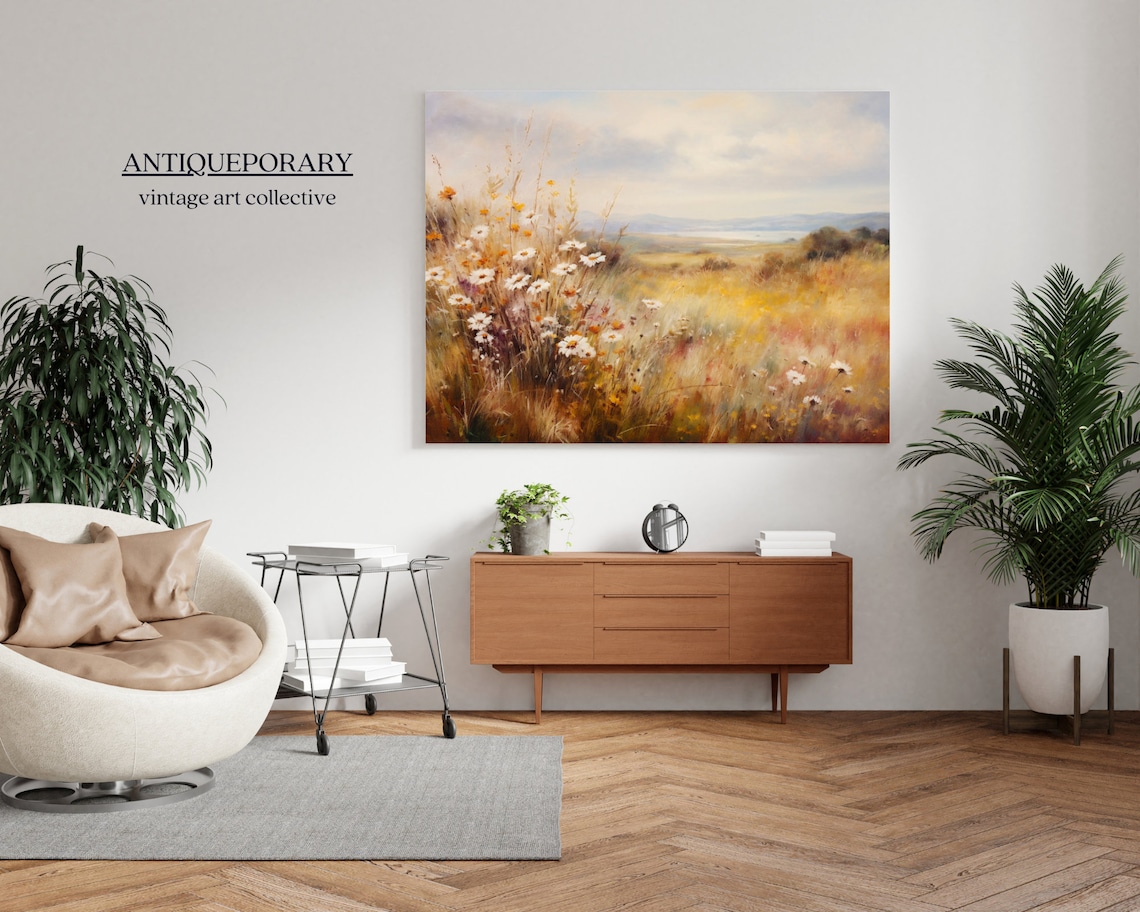 Golden Meadow Wildflowers with Lake and Hills Soft Light Art Poster - Image 5