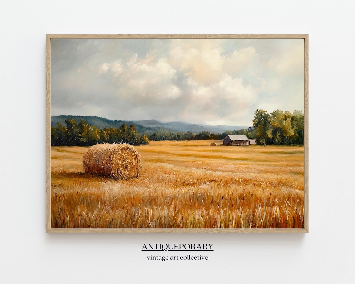 Golden Hay Field Round Bale Barn Farmhouse Rustic Oil Painting Poster
