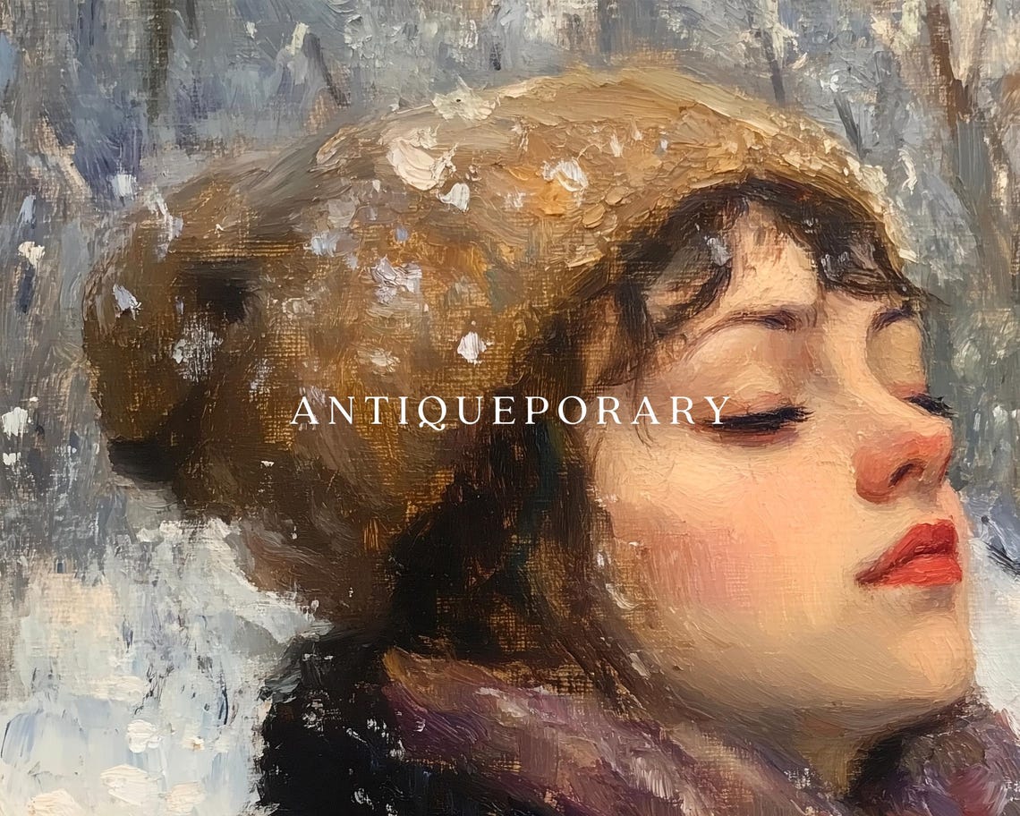 Woman in Snowfall Fur Hat Vintage Winter Portrait Oil Painting Poster - Image 3