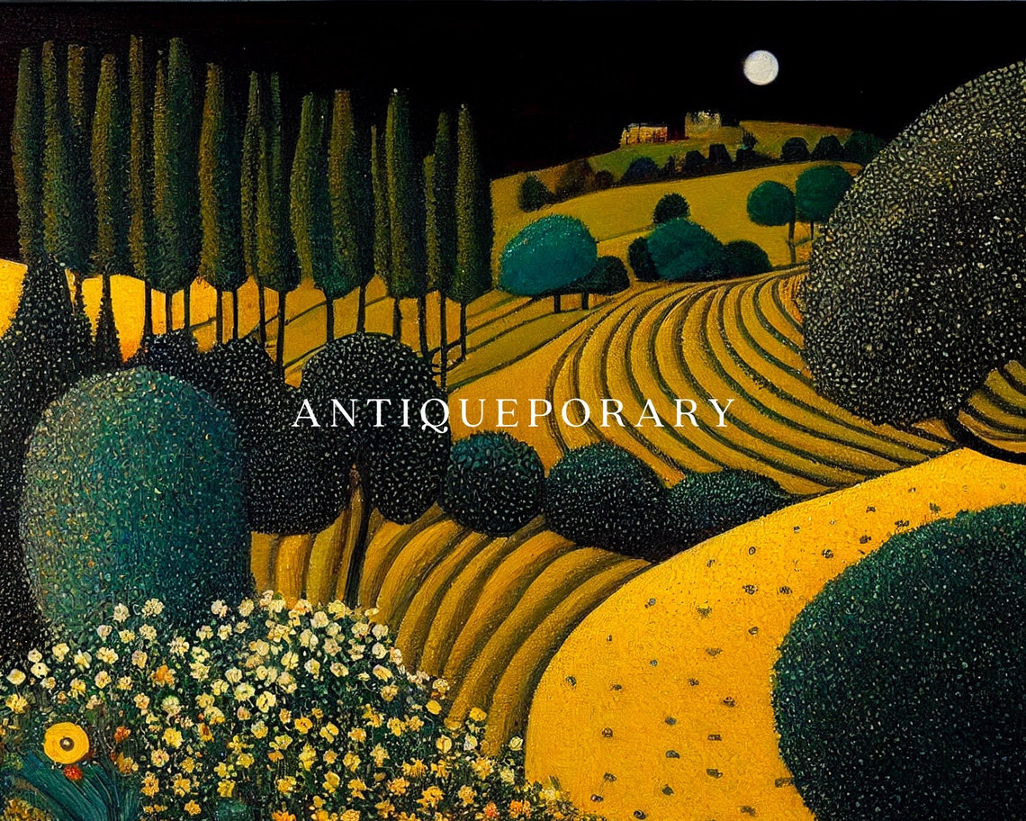 Moonlit Golden Hills with Cypress Trees Pointillist Landscape Poster - Image 3